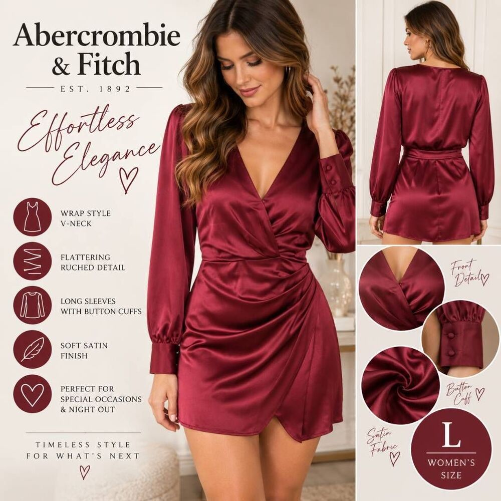 Abercrombie & Fitch Women’s L Burgundy Satin Ruched Wrap Mini Dress Long Sleeve